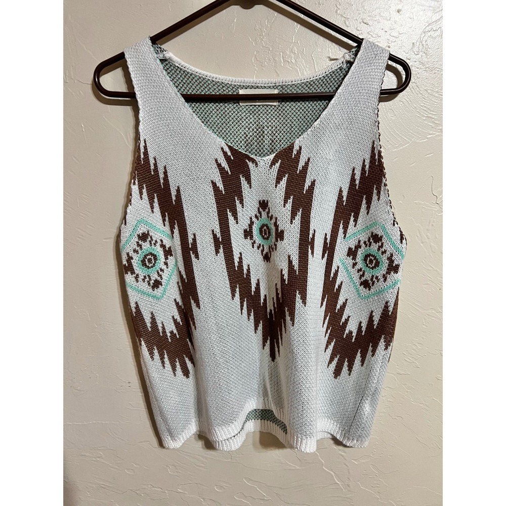 Amoli Womens Southwestern Geometric Knit Tank Top V-Neck Sweater Vest White S/M - Picture 5 of 7